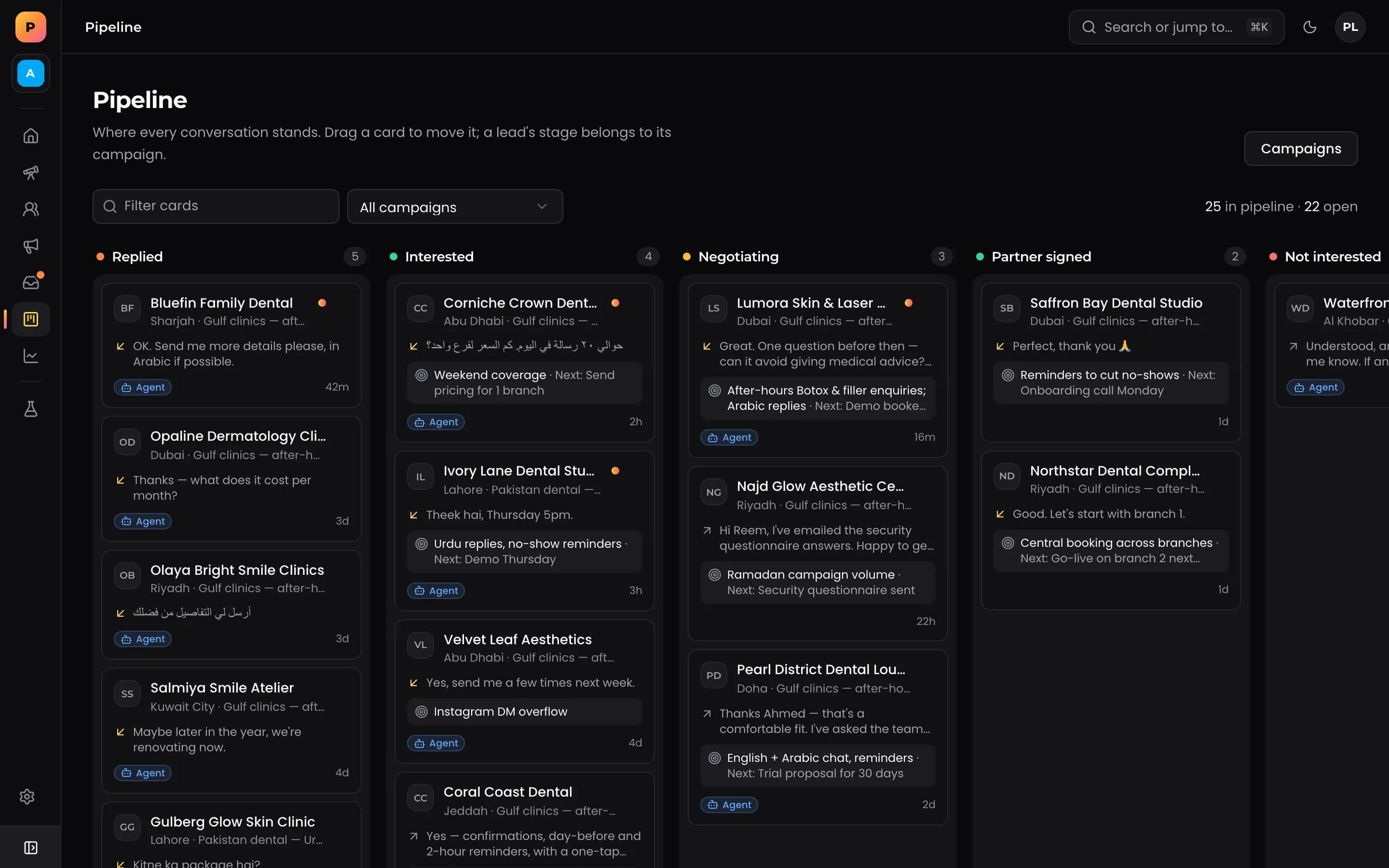 Inbox and pipeline in Prime Leads Finder, shown with demo data.