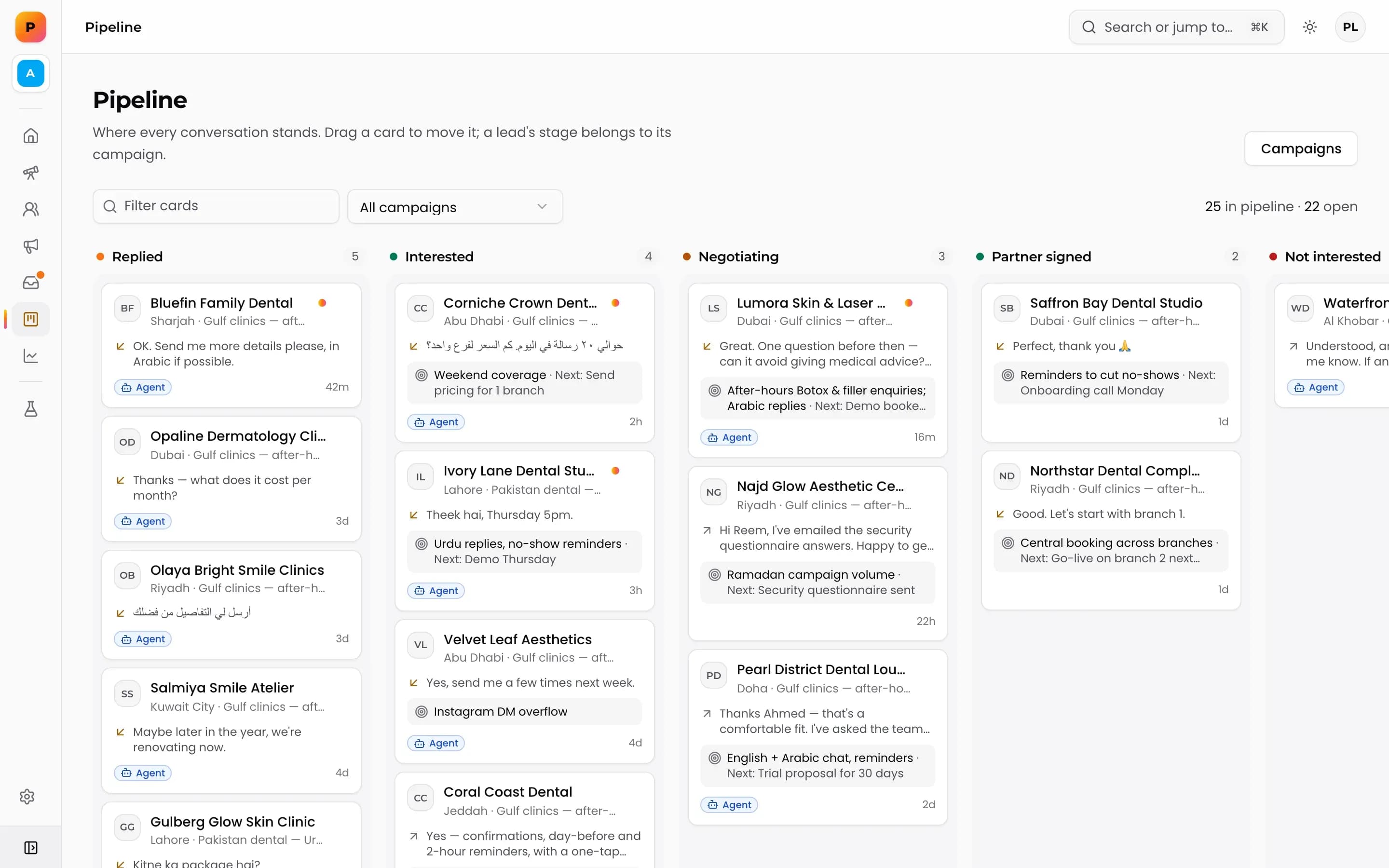 Inbox and pipeline in Prime Leads Finder, shown with demo data.